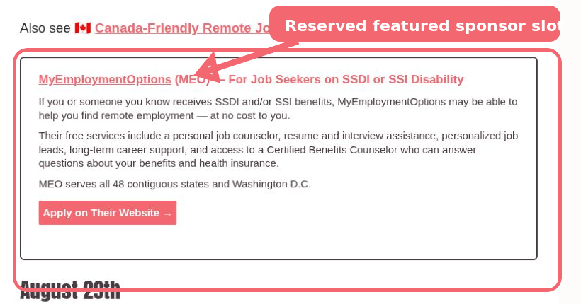 Example of the reserved featured sponsor box near the top of the job-leads page