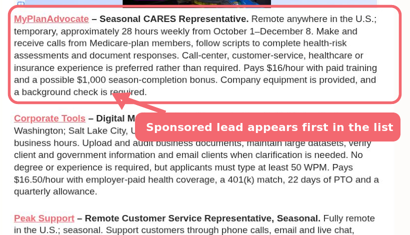 Example showing where a sponsored job appears first in a daily remote job list