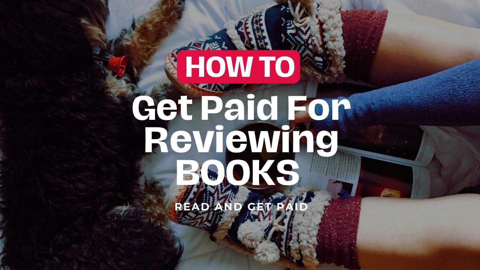 How to get paid for reviewing books, with an open book, mug, patterned slippers, and a dog.
